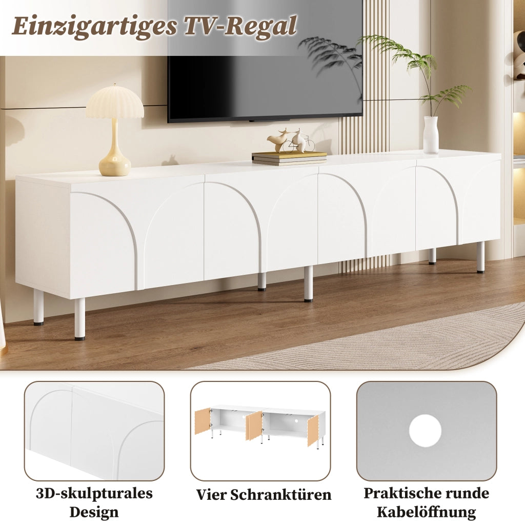 Mobile TV a quattro ante con linee curve tridimensionali in MDF e pannello truciolare bianco 180 × 35 × 49 cm