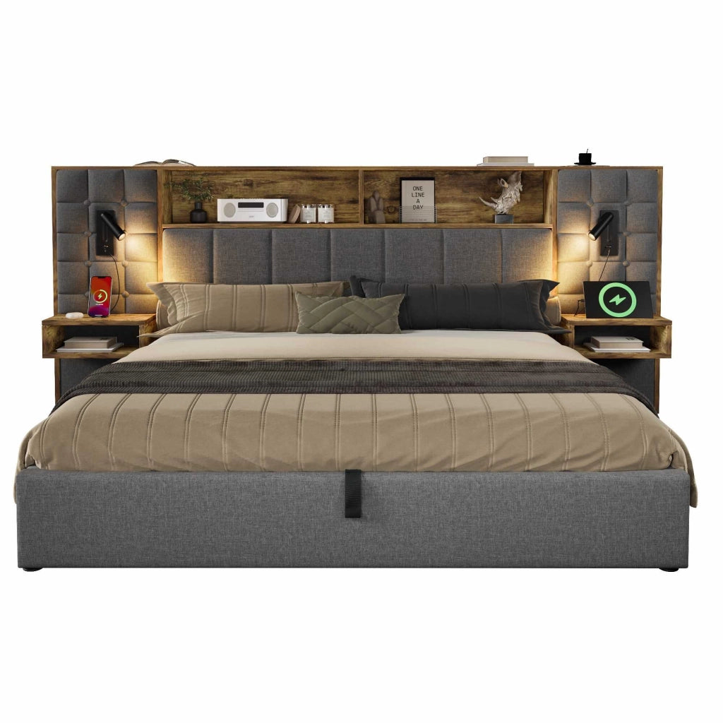 Letto contenitore 180x200 cm grigio con LED, 2 luci da lettura, comodini e porte USB-C, senza materasso