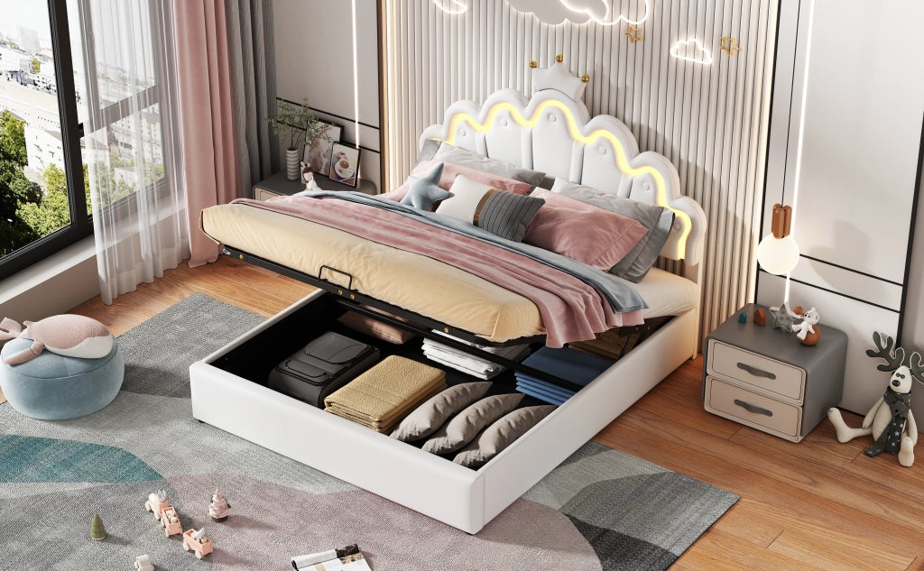 Letto matrimoniale imbottito 140 × 200 cm con contenitore LED regolabili tramite app in PU bianco