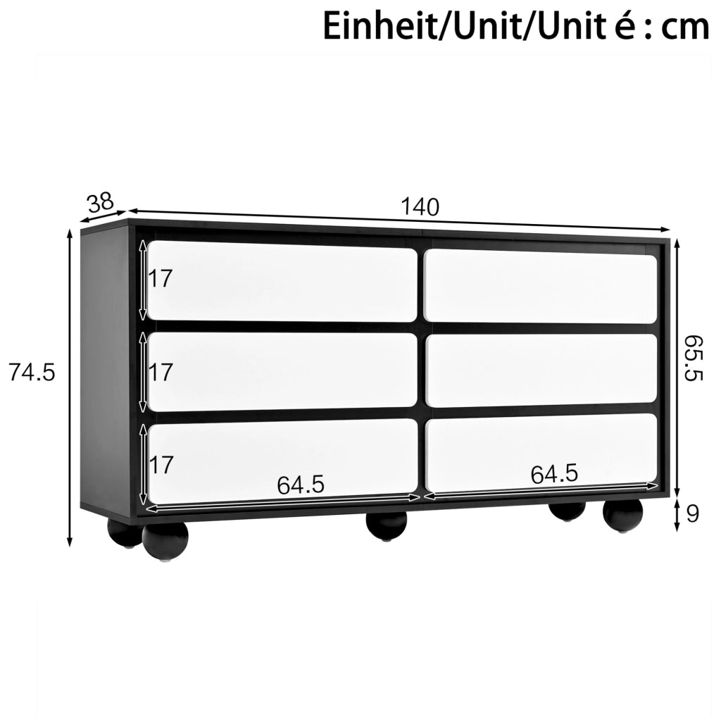 Cassettiera moderna bianca e nera con 6 cassetti, 140 cm