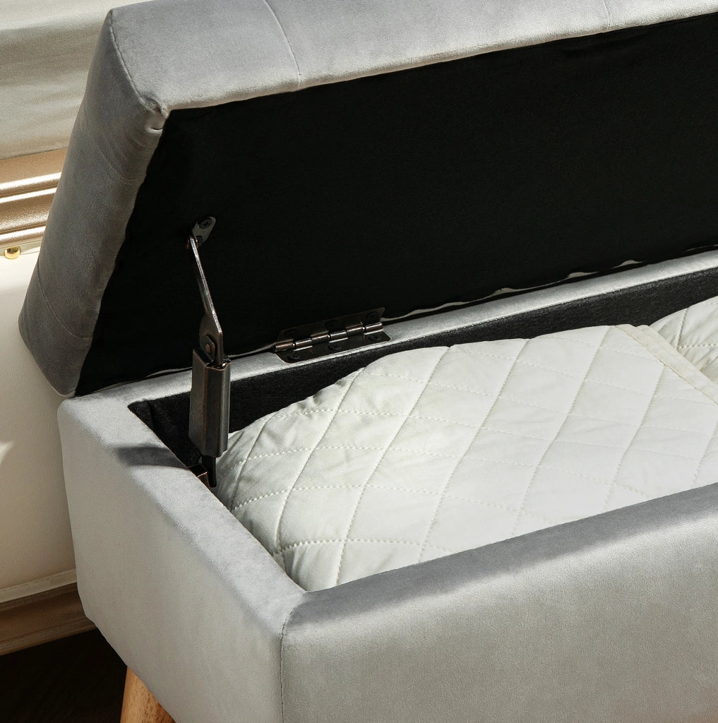 Panca con Contenitore in Tessuto Vellutato Grigio 102x35x43 cm con Gambe in Legno di Gomma