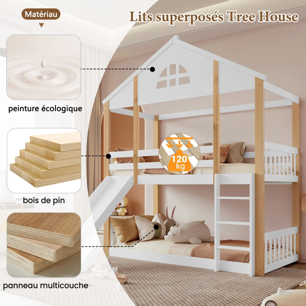 Letto a castello per bambini con scivolo 90x200 cm in pino massello e MDF; bianco e naturale per cameretta