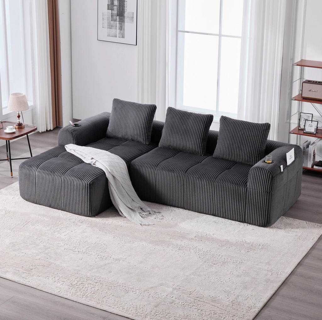 Divano compatto modulare 253x158x61 cm in velluto a coste grigio scuro