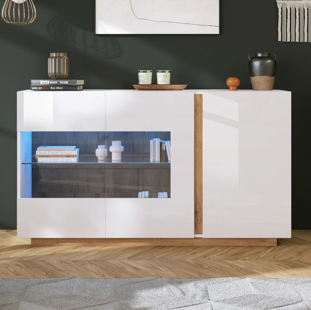 Madia 138 x 38;5 x 90;5 cm bianca lucida con 3 ante; vetro e LED RGB Bluetooth HOMVRA