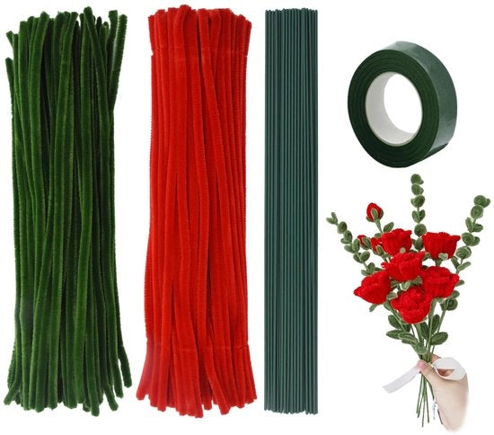 Set di pulitori di tubi, impianto di fiori, 200 pezzi, pulitore di tubi, 2 colori rose, pulitore di tubi, stecchi di chenille verde, bouquet, artigianato a mano, pulitore di tubi, bouquet rosso per principianti, artigianato a mano DIY