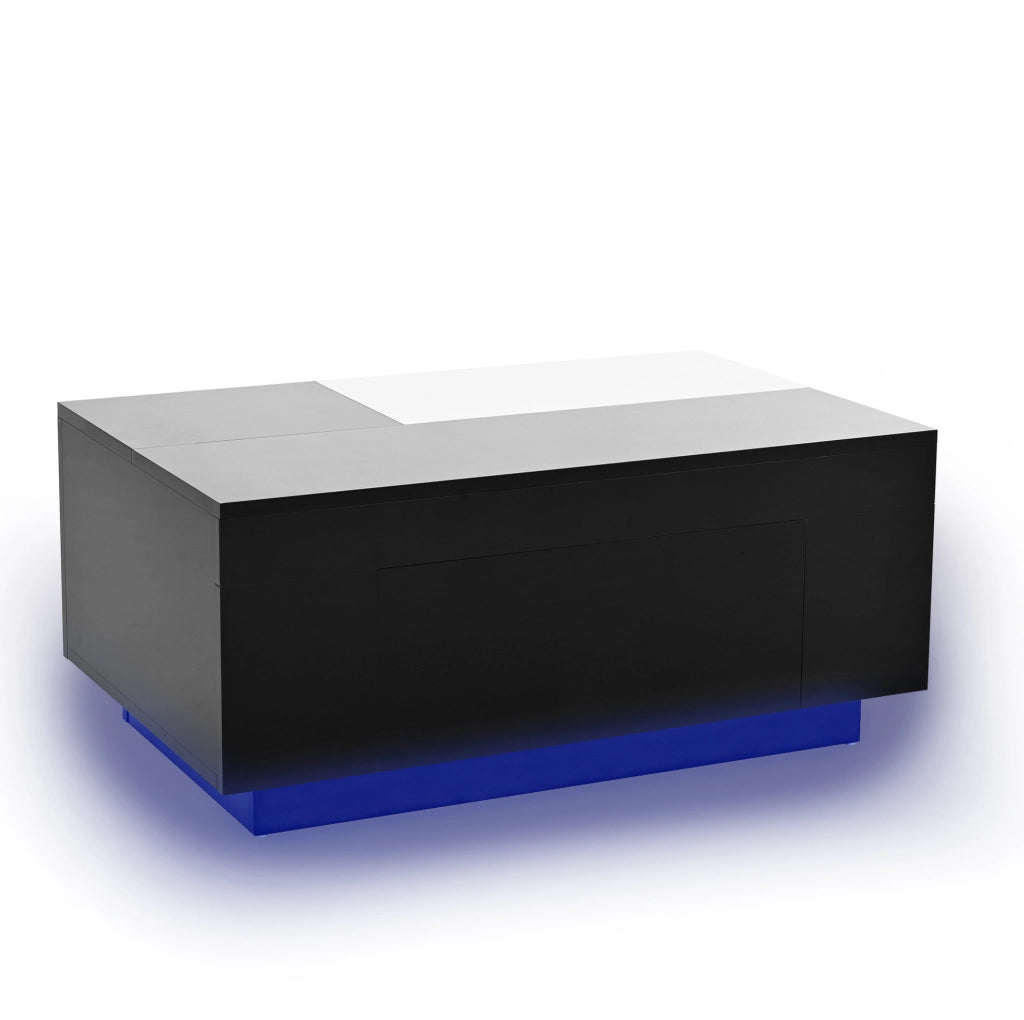 Tavolino da caffè moderno con LED; piano estraibile e cassetto nascosto; 80x50x35;5 cm; MDF nero e bianco