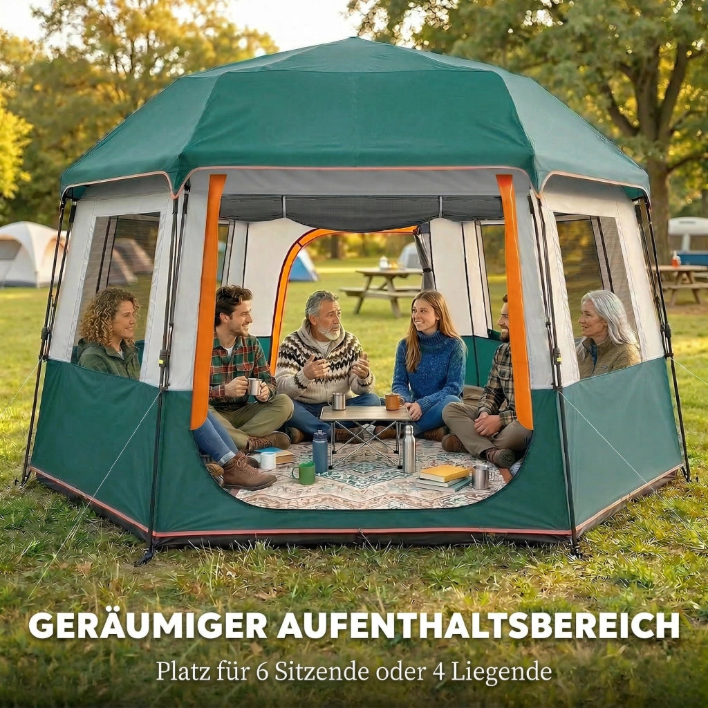 Tenda da campeggio per 4-6 persone verde impermeabile 3000 mm con protezione UV30+ e telo superiore rimovibile 350x350x205 cm