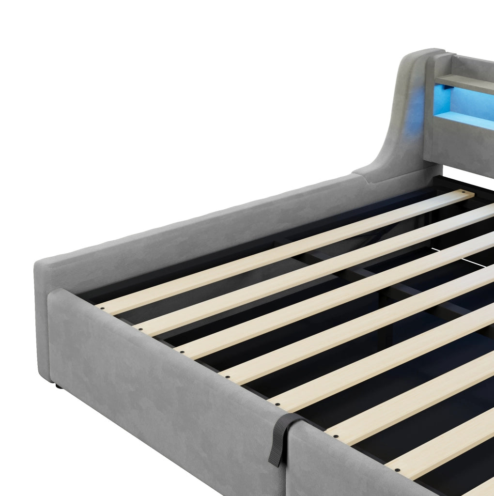 Letto imbottito grigio 140 x 200 cm con vano contenitore e testiera LED