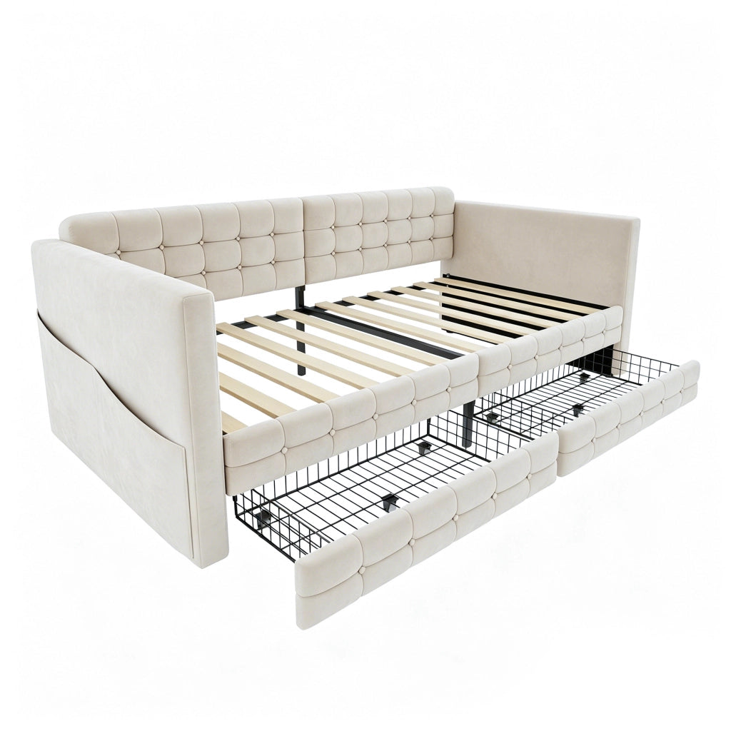 Letto divano singolo 90 × 190 cm con 2 cassetti e tasche laterali; senza materasso; in velluto beige