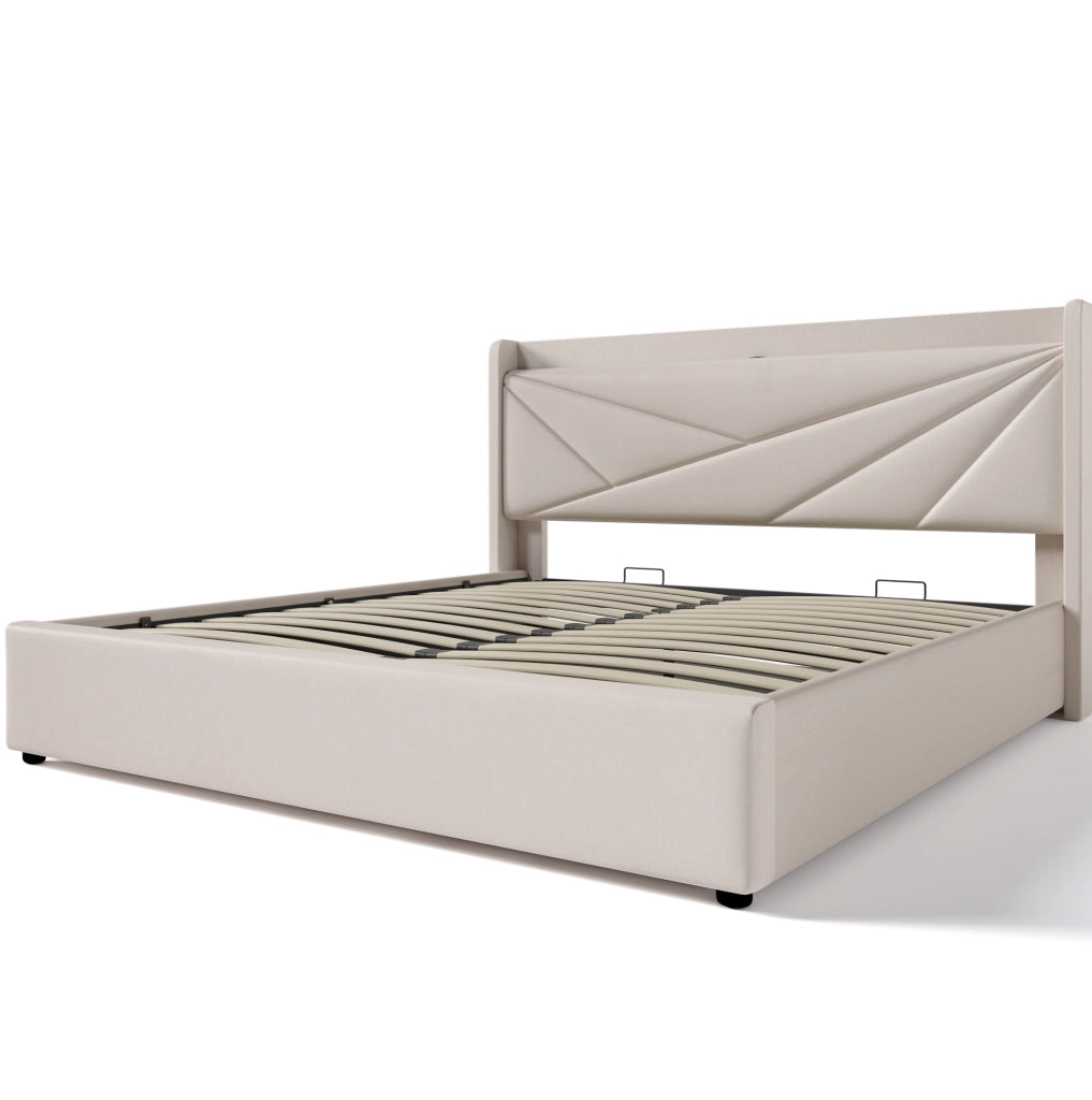 Letto matrimoniale contenitore 160x200 cm in cotone e lino beige con USB e Tipo C