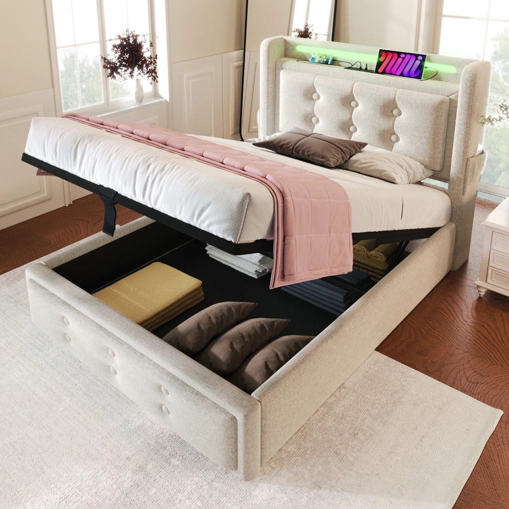 OKWISH Letto contenitore 90×200 cm, Letto Singolo con LED Regolabile, USB, Tipo C e Prese, senza Materasso, in Cotone Lino, Beige