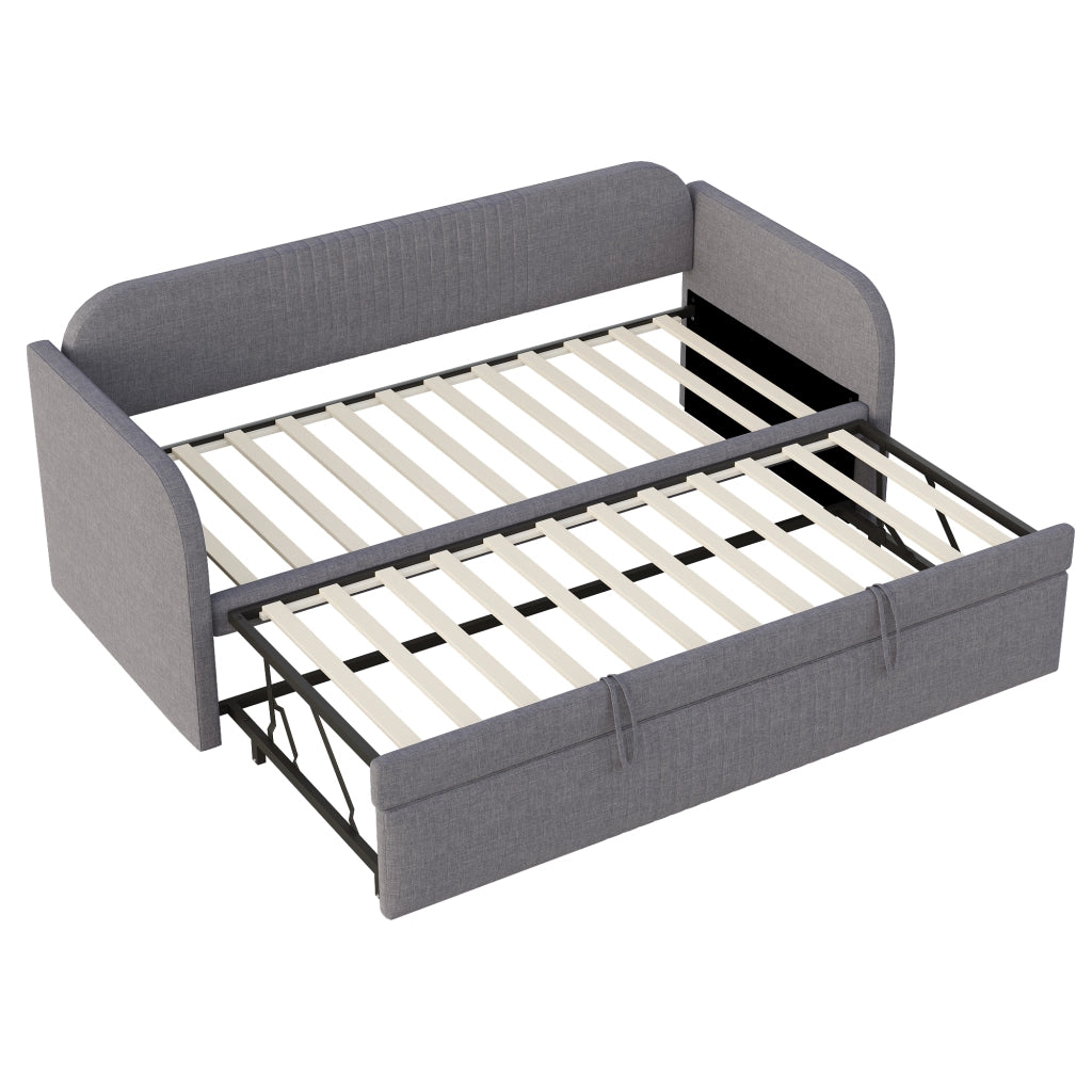Divano letto imbottito 90x190 cm; letto estraibile 180x190 cm; grigio con rete a doghe