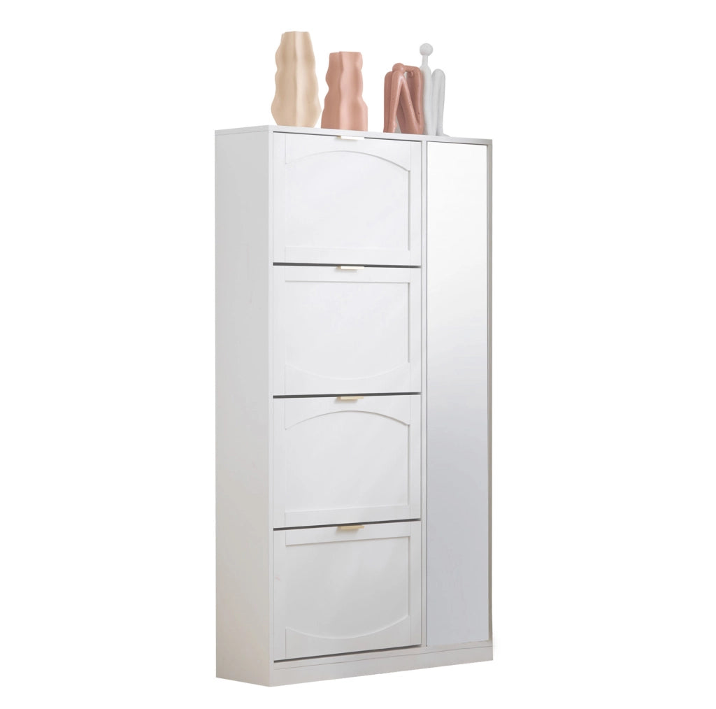 Scarpiera con specchio 80x24x147 cm bianca in truciolare， 4 vani ribaltabili per l'ingresso