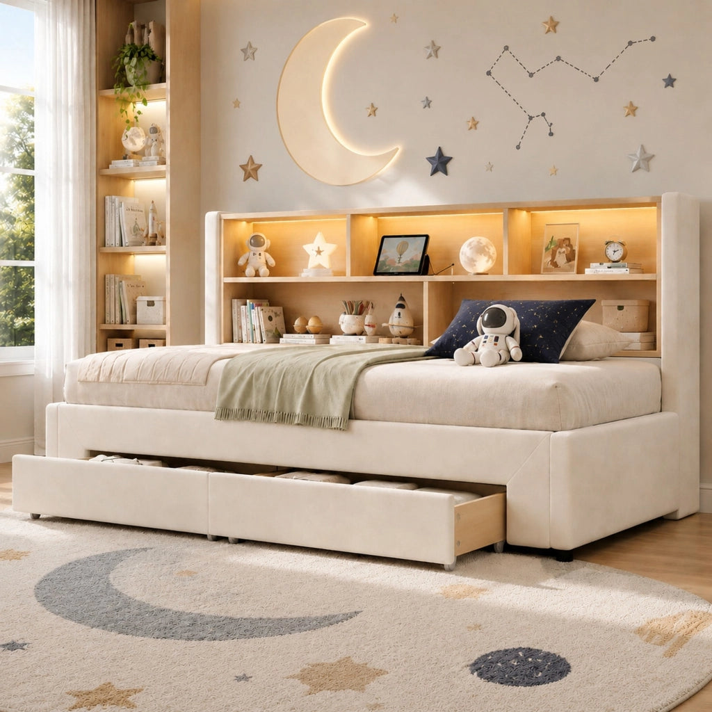 Letto divano allungabile 90x200 cm in velluto beige con 2 cassetti, senza materasso