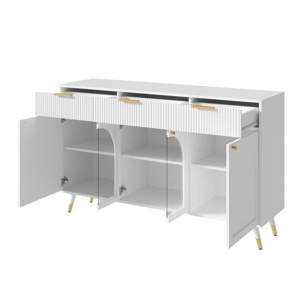 Credenza 140x40x85,5 cm bianca in MDF, 4 ante e 3 cassetti,