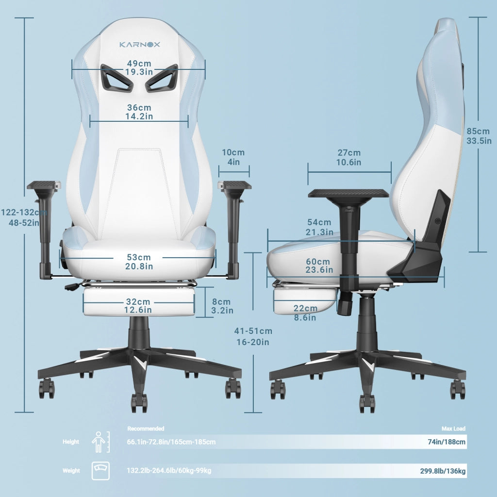 Sedia da gaming ergonomica con poggiapiedi, supporto lombare e braccioli 4D in PU bianco blu