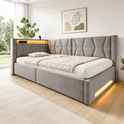 Letto imbottito 140 x 200 cm con contenitore, luci e ricarica integrata in velluto grigio scuro