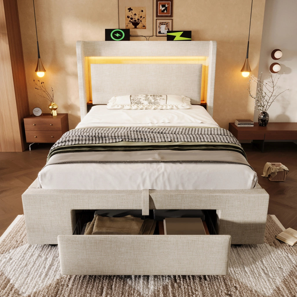 Letto Contenitore Singolo Imbottito 90x200 cm con Sollevamento Idraulico; LED; USB; USB-C; Beige