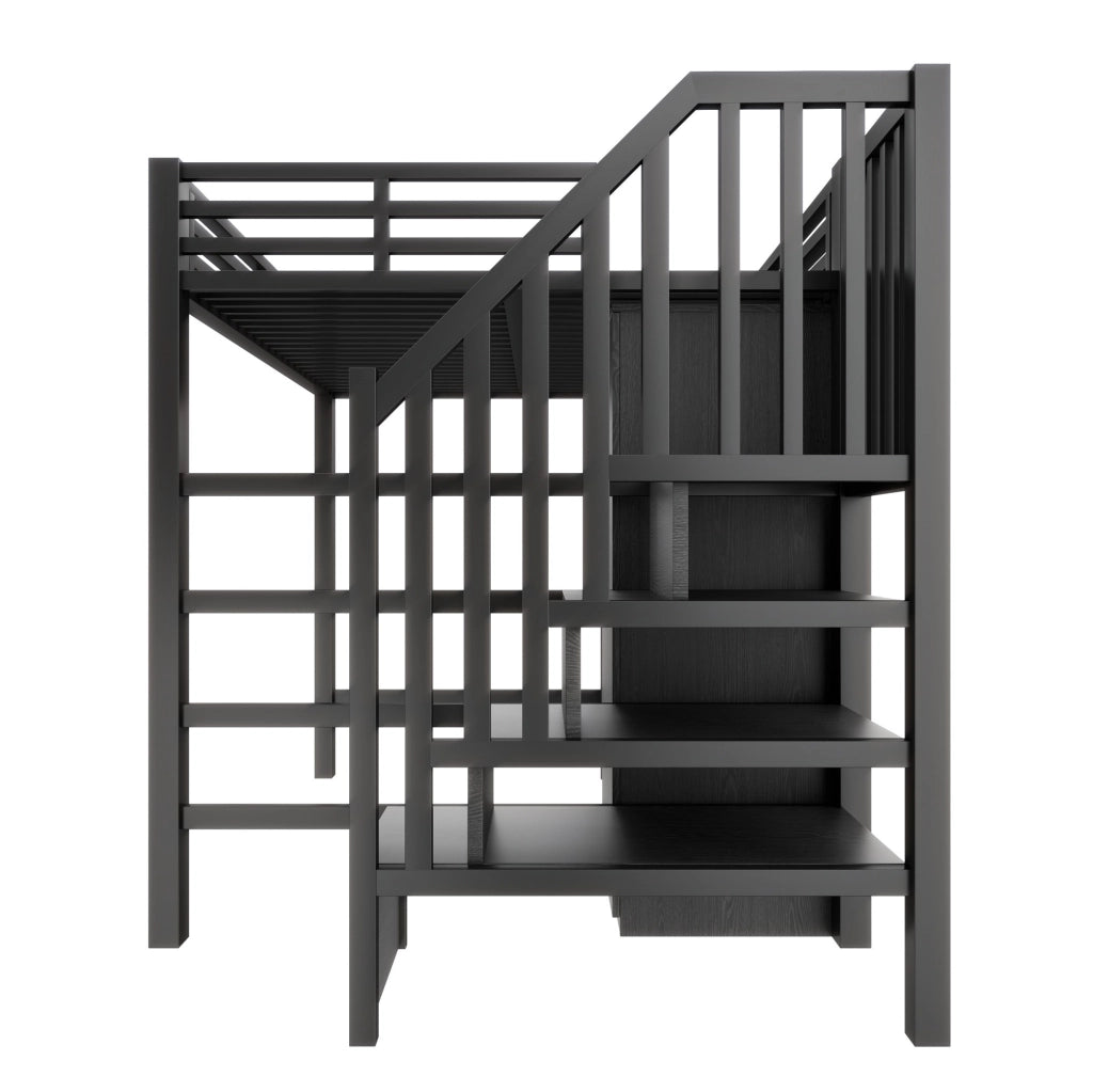 Letto a soppalco 140x200 cm con scrivania; armadio e LED in MDF e metallo nero