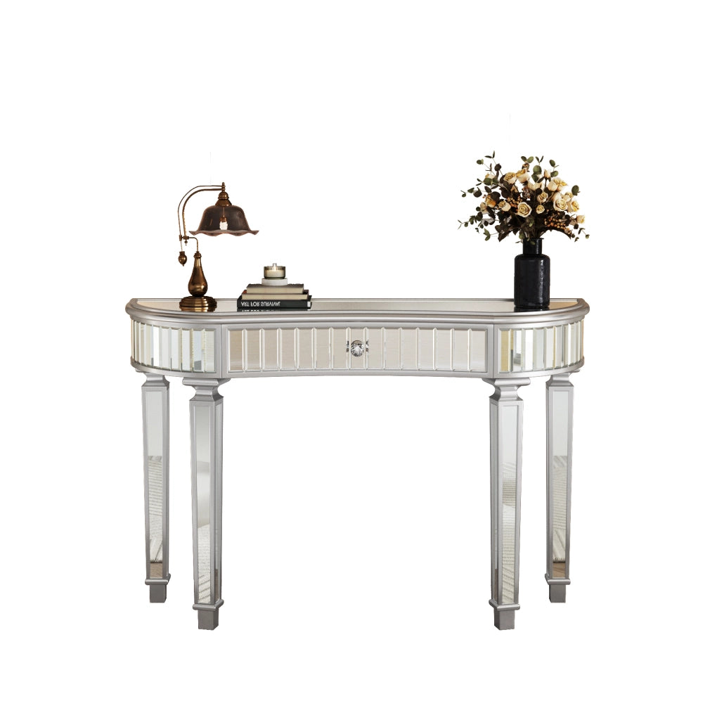 Consolle a mezzaluna con specchio 120x38x78 cm con cassetto; vetro scanalato grigio e argento HOMVRA