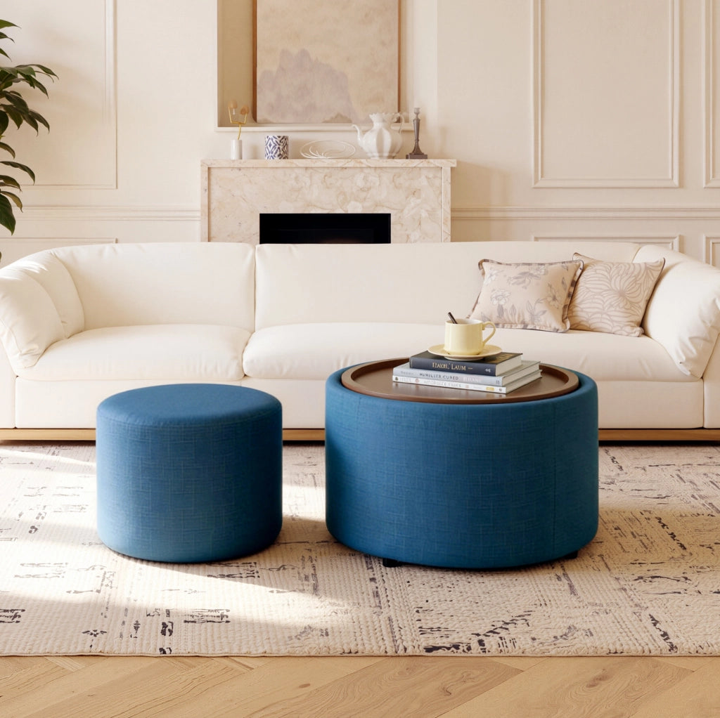 Set di 2 Pouf Nesting con Contenitore, Rivestimento in Lino Blu e Vassoio in Legno, Tavolino e Panca tonda Ø 58 cm