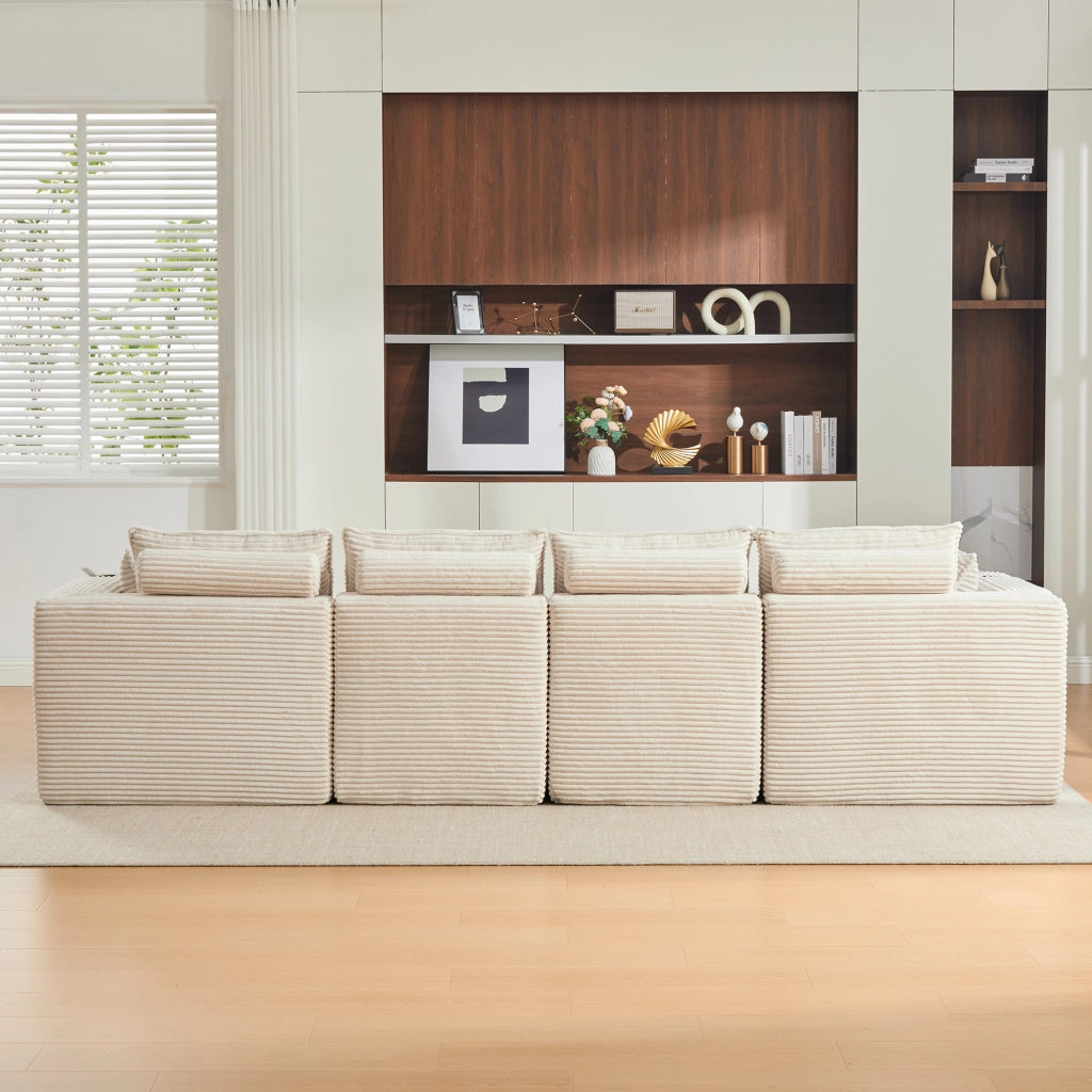 Divano modulare 4 posti - con tasche laterali e cuscini - in velluto a coste beige