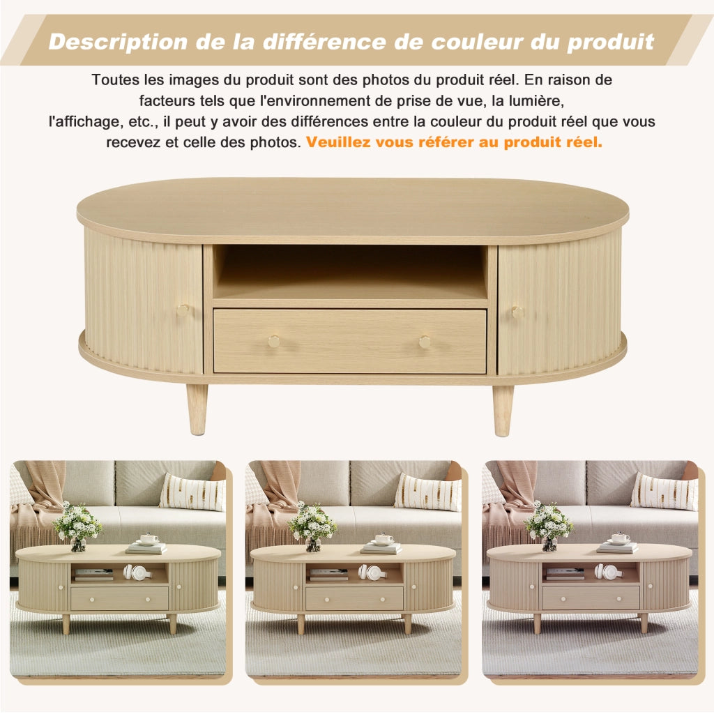Tavolino da salotto ovale con cassetto, vano aperto e 2 ante a rullo per soggiorno, in mdf rovere, 100 × 50 × 36 cm