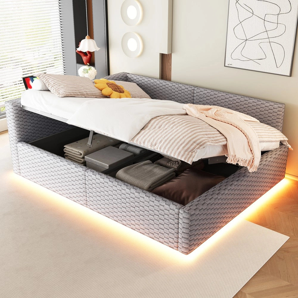 Letto Imbottito 140x200 con LED ¨C Xylo ¨C Velluto Grigio, Testiera a L, Idraulico