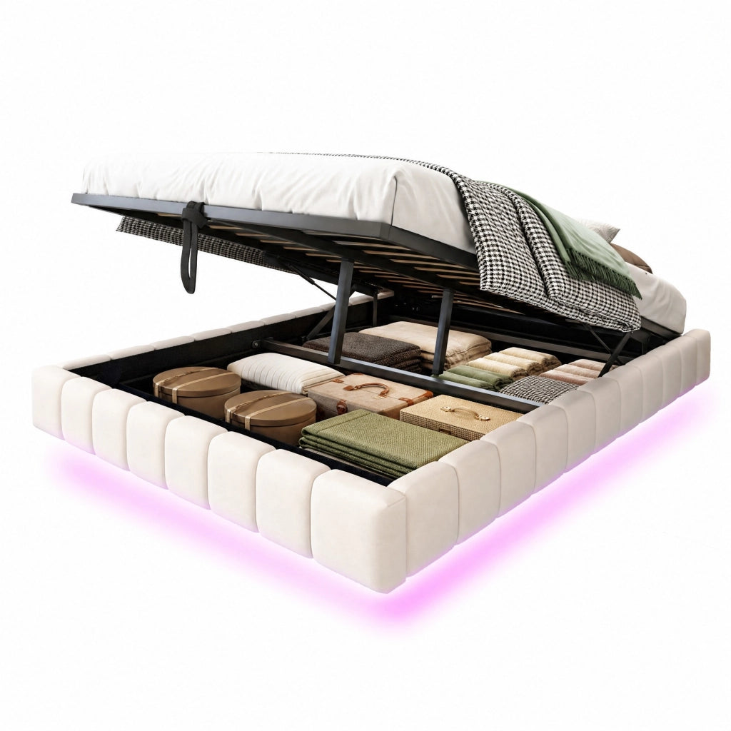 Letto imbottito sospeso con LED e contenitore, beige 140 x 200 cm