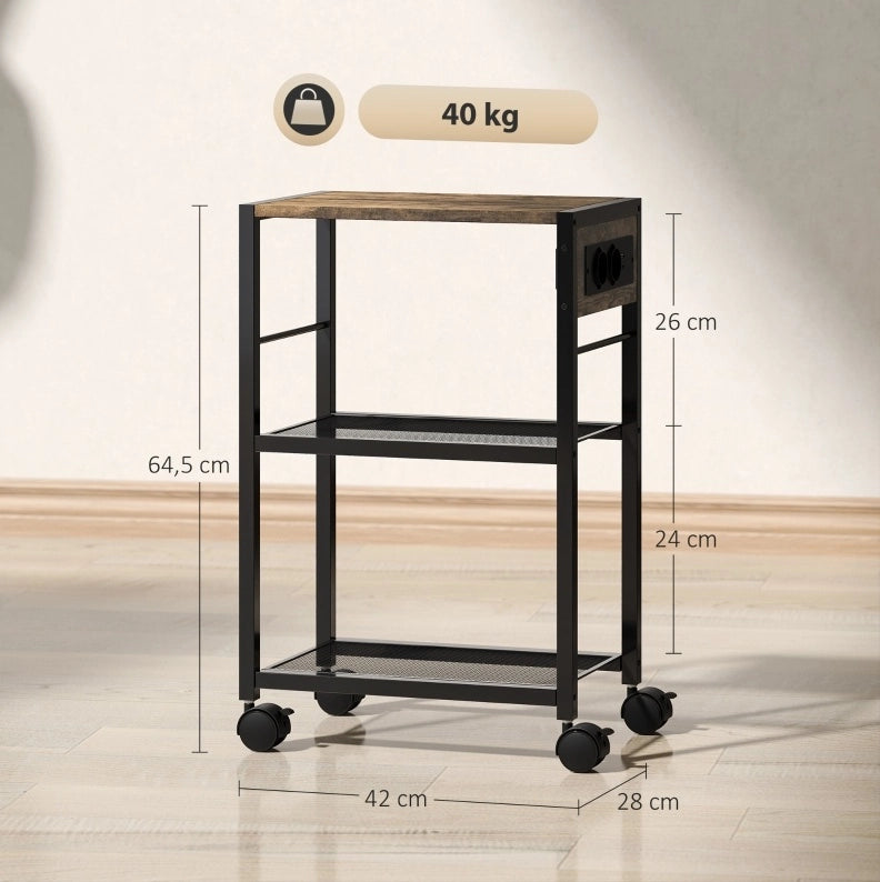 Supporto per stampante con ruote, prese elettriche, USB e USB-C, capacità 40 kg, colore marrone rustico