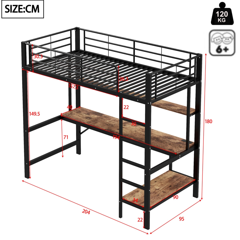 Letto a soppalco 90x200 cm con scrivania, LED e USB