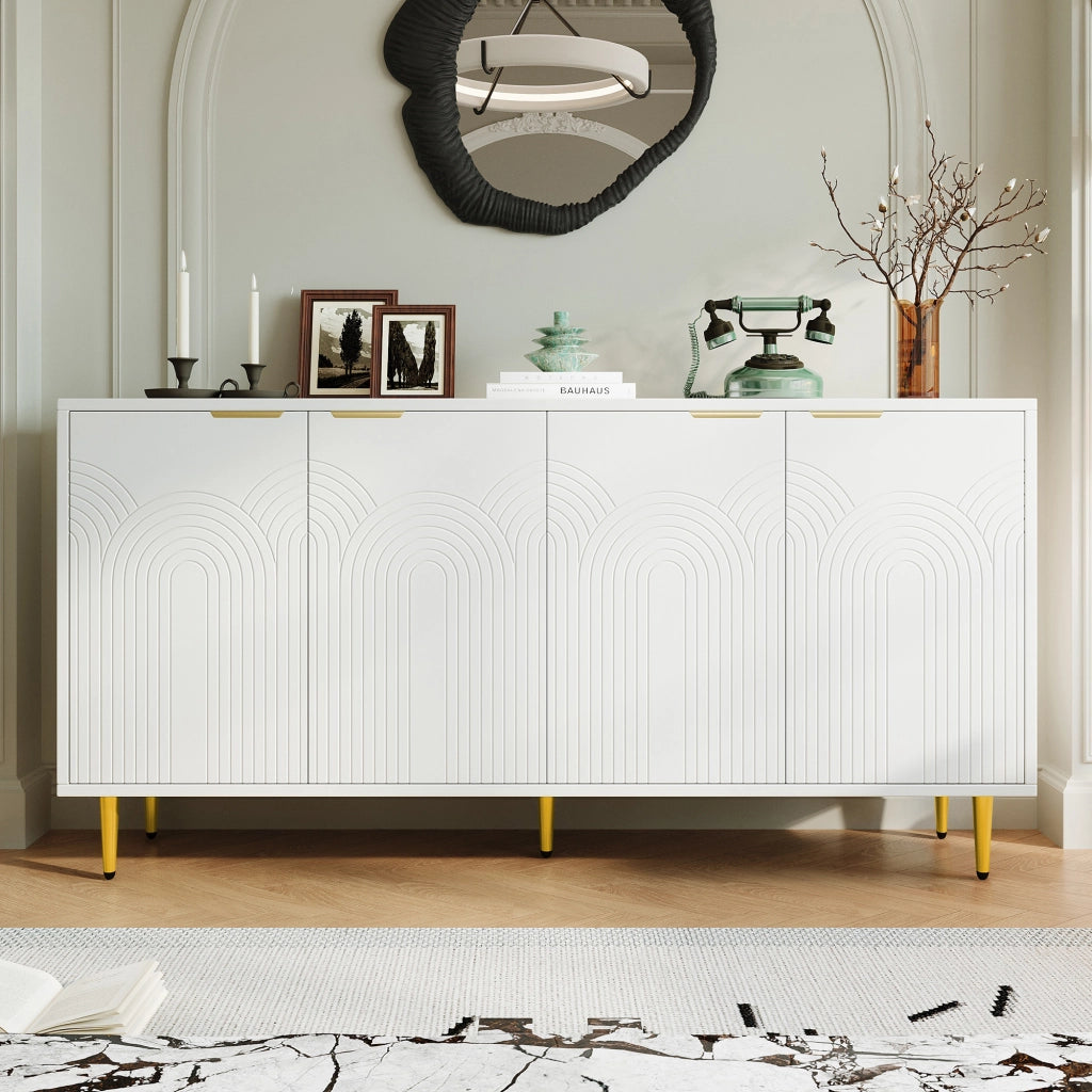 Sideboard soggiorno bianco, 160x80x40 cm, 4 ante, maniglie dorate spazzolate, gambe high-gloss