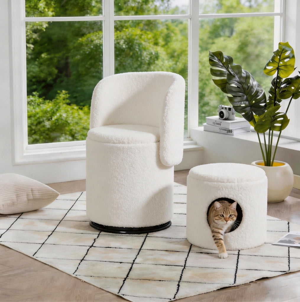 Poltroncina girevole 360° con contenitore in tessuto Teddy bianco e sgabello cuccia per gatto HOMVRA