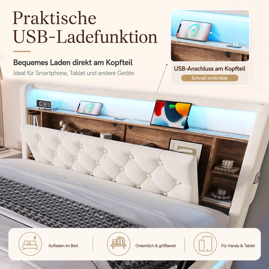 Letto contenitore 180 × 200 cm con testiera multifunzione LED USB e Type-C rivestito in velluto beige