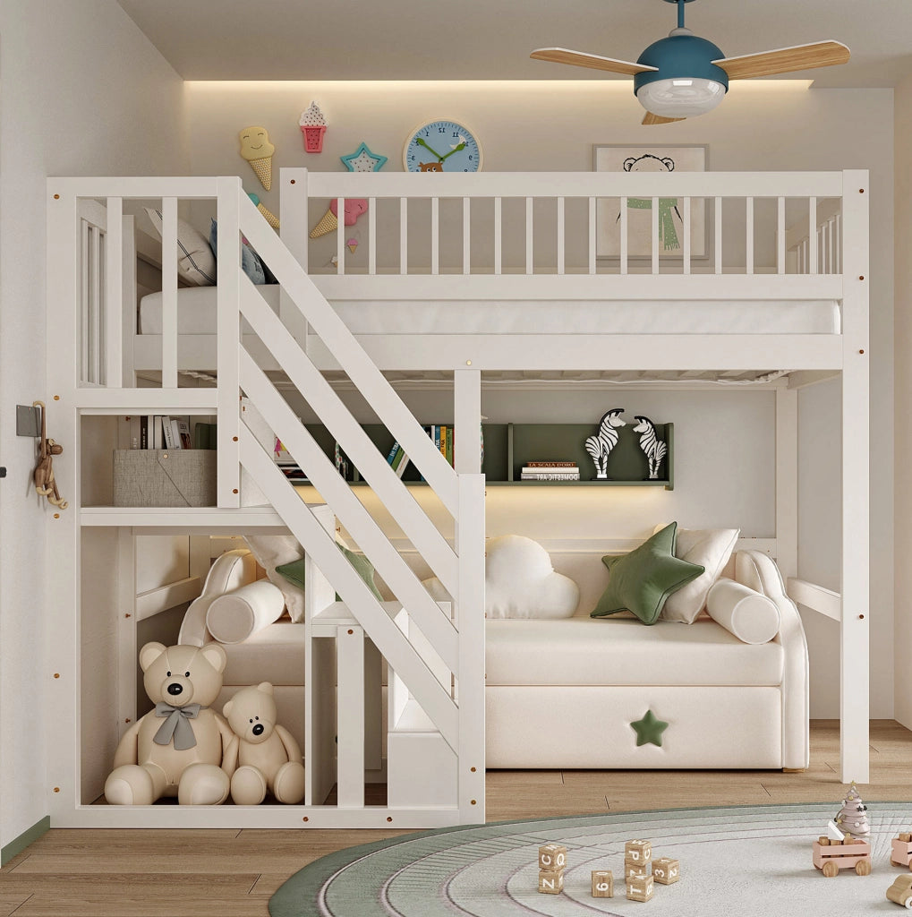 Letto a soppalco singolo 90x200 cm con scala contenitore; bianco