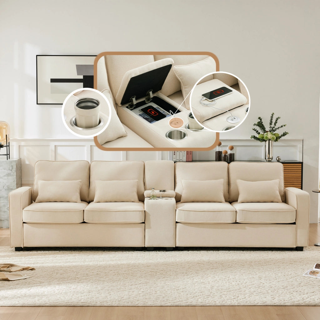 Divano 4 Posti 290 cm con Consolle; 2 Portabicchieri; 2 USB; Tasche Laterali e 4 Cuscini; Beige