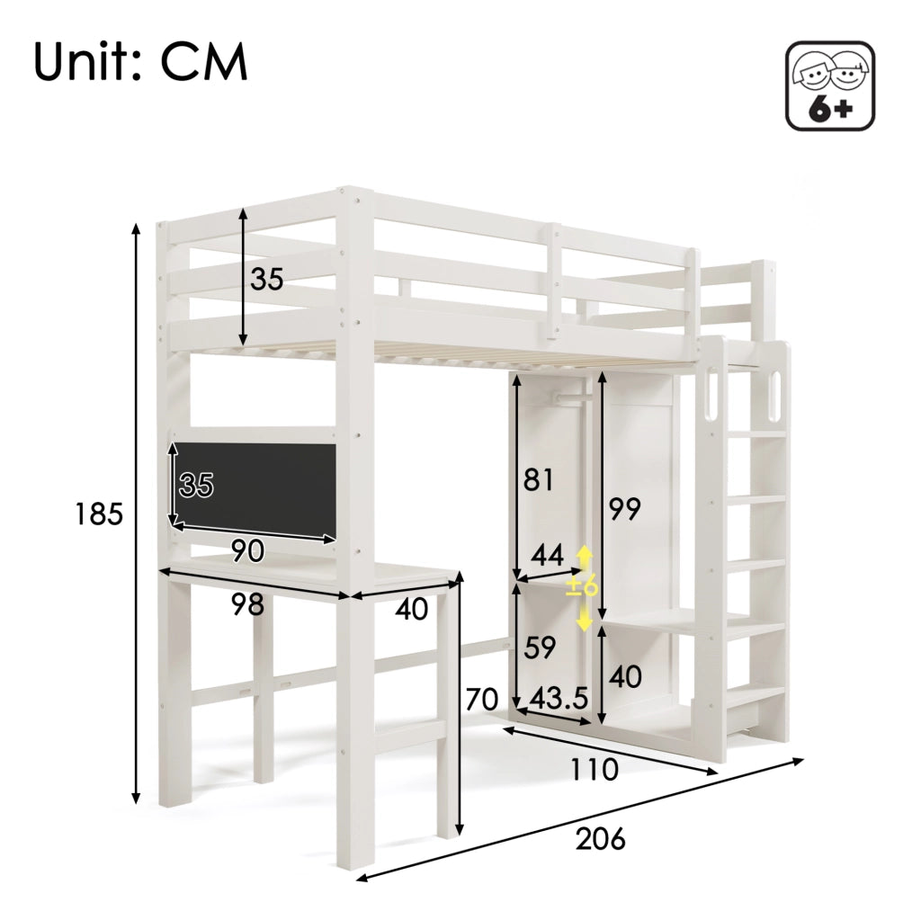 Letto a soppalco per bambini 90x200 cm con scrivania, armadio aperto e lavagna doppia, struttura in legno bianco senza materasso