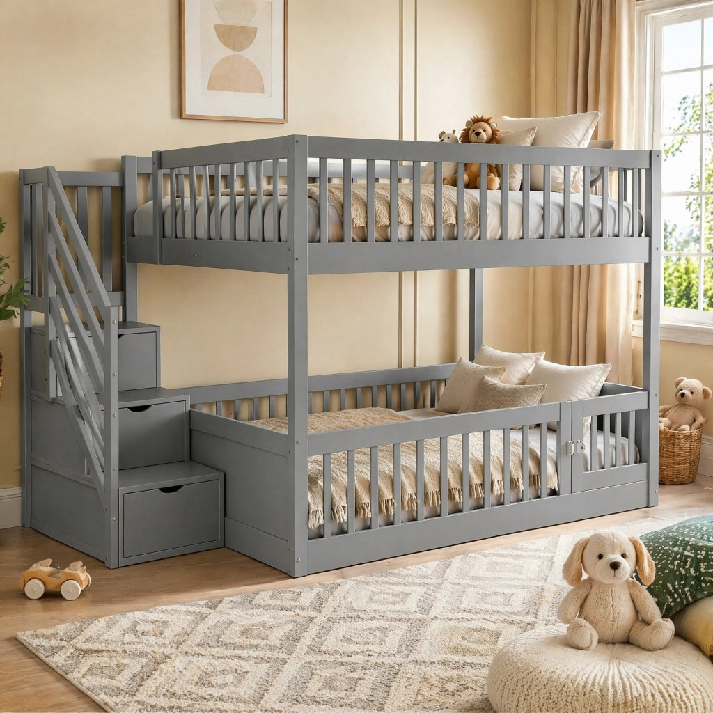 Letto a castello 140x200 cm grigio in legno con scala contenitore e porta apribile