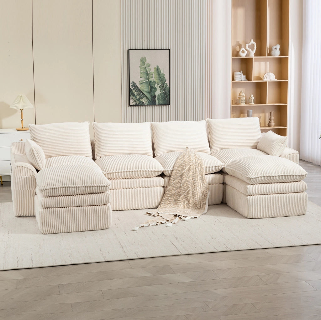 Divano modulare in velluto a coste beige con tasche laterali e cuscini