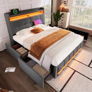 Letto imbottito 160x200 cm grigio in tessuto con LED, USB e 4 cassetti