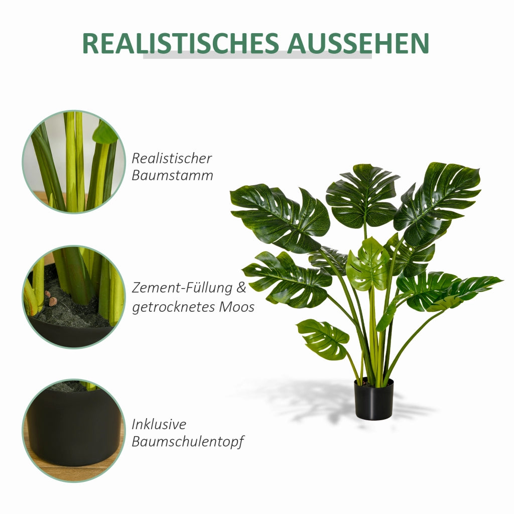Pianta artificiale monstera da interno e esterno con 11 foglie realistiche vaso nero e base in cemento alta 110 cm