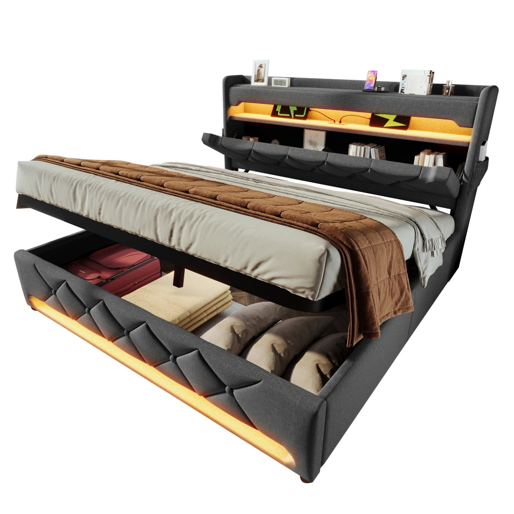 Letto matrimoniale 140x200 cm con materasso; LED 360°; USB e Type-C; vano contenitore idraulico; lino grigio