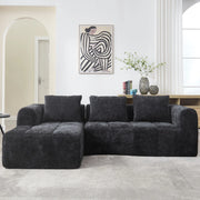 Divano modulare a L, 3 posti, tessuto chenille nero, con chaise longue e braccioli, 3 cuscini inclusi