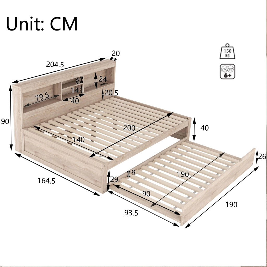 Letto con letto estraibile 140 × 200 cm con LED; prese USB e vano laterale in truciolare e MDF naturale