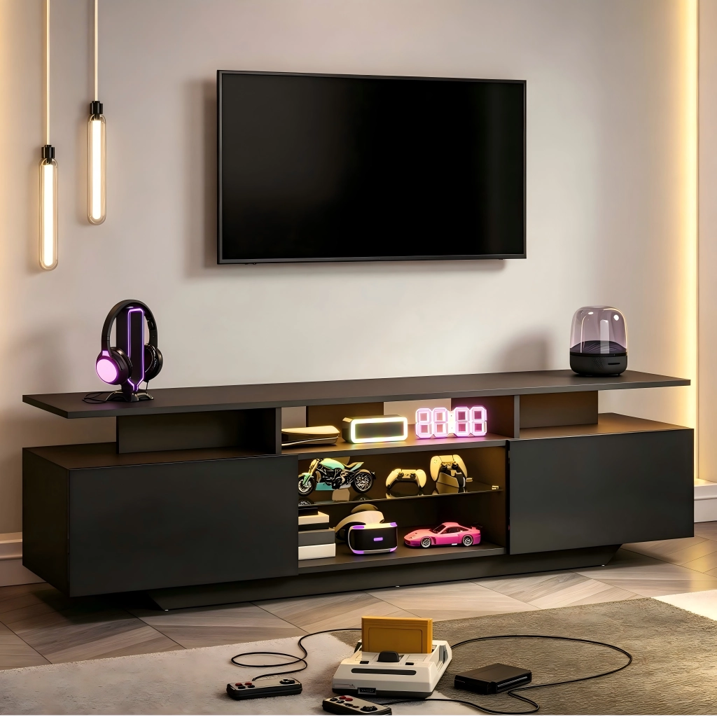 Mobile TV con LED controllabile tramite app; 160 x 40 x 45 cm; MDF nero; 8 vani