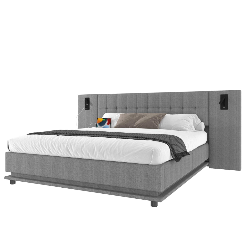 Letto imbottito 180x200 cm in lino grigio con striscia LED, testiera con spot e porta USB, senza materasso