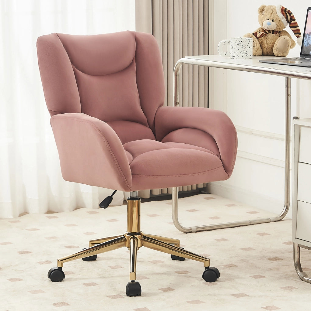 Sedia da ufficio regolabile in velluto rosa con base dorata e ruote girevoli 360°