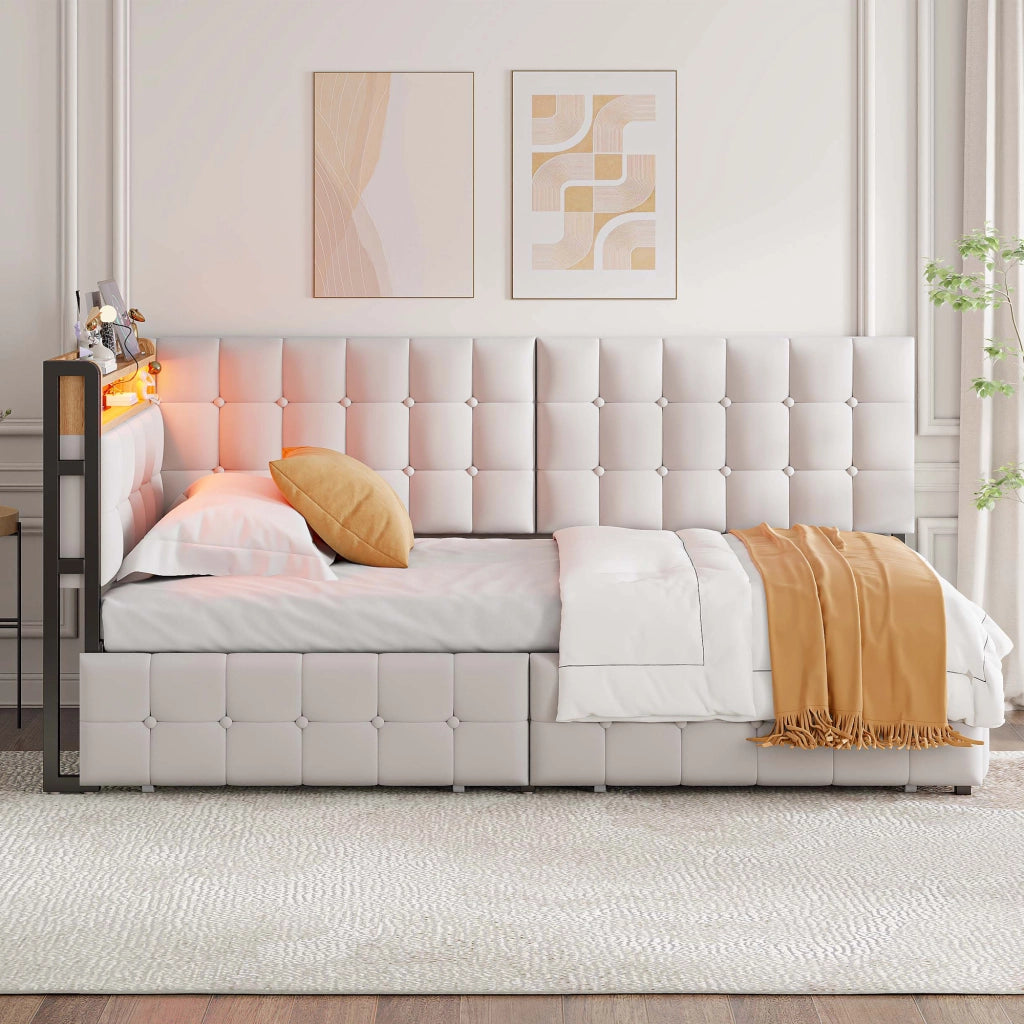 Letto imbottito per bambini 90 x 200 cm con 2 cassetti, lampada LED letto singolo con porte USB e Type-C, tessuto beige