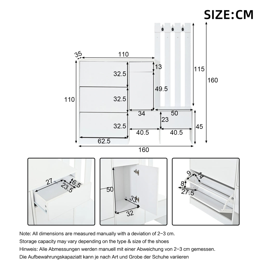 Set di mobili da ingresso con scarpiera a ribalta; panca e appendiabiti in MDF bianco 160 × 35 × 160 cm