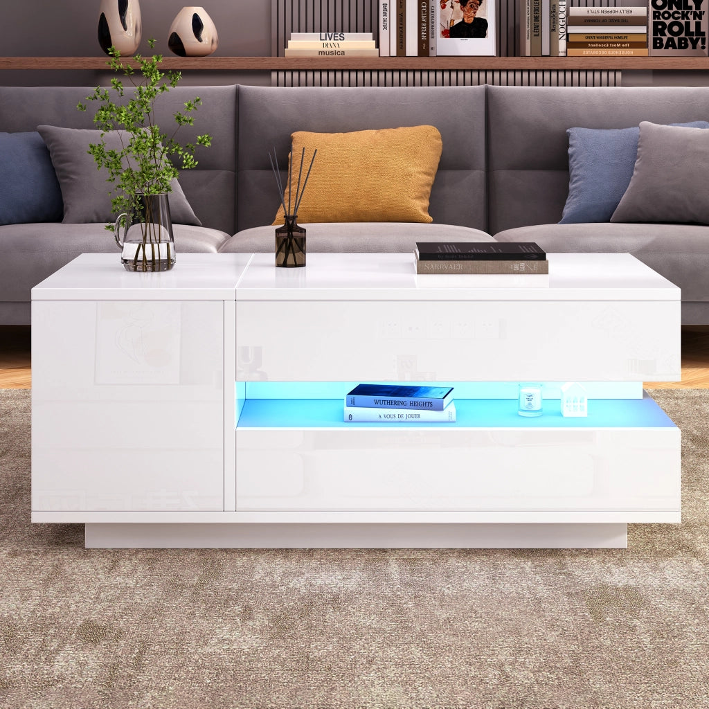 Tavolino basso alzabile per soggiorno con LED RGB; cassetto e vano chiuso; in pannello truciolare bianco lucido